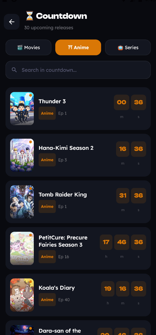 Cinly countdown screen with live timers for upcoming anime episodes