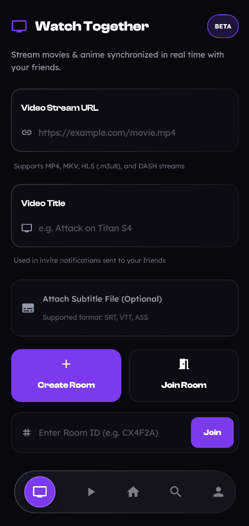 Cinly Watch Together setup โ create or join a room