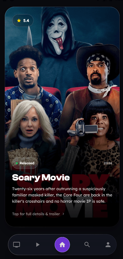 Cinly swipe screen showing a movie card with rating and synopsis